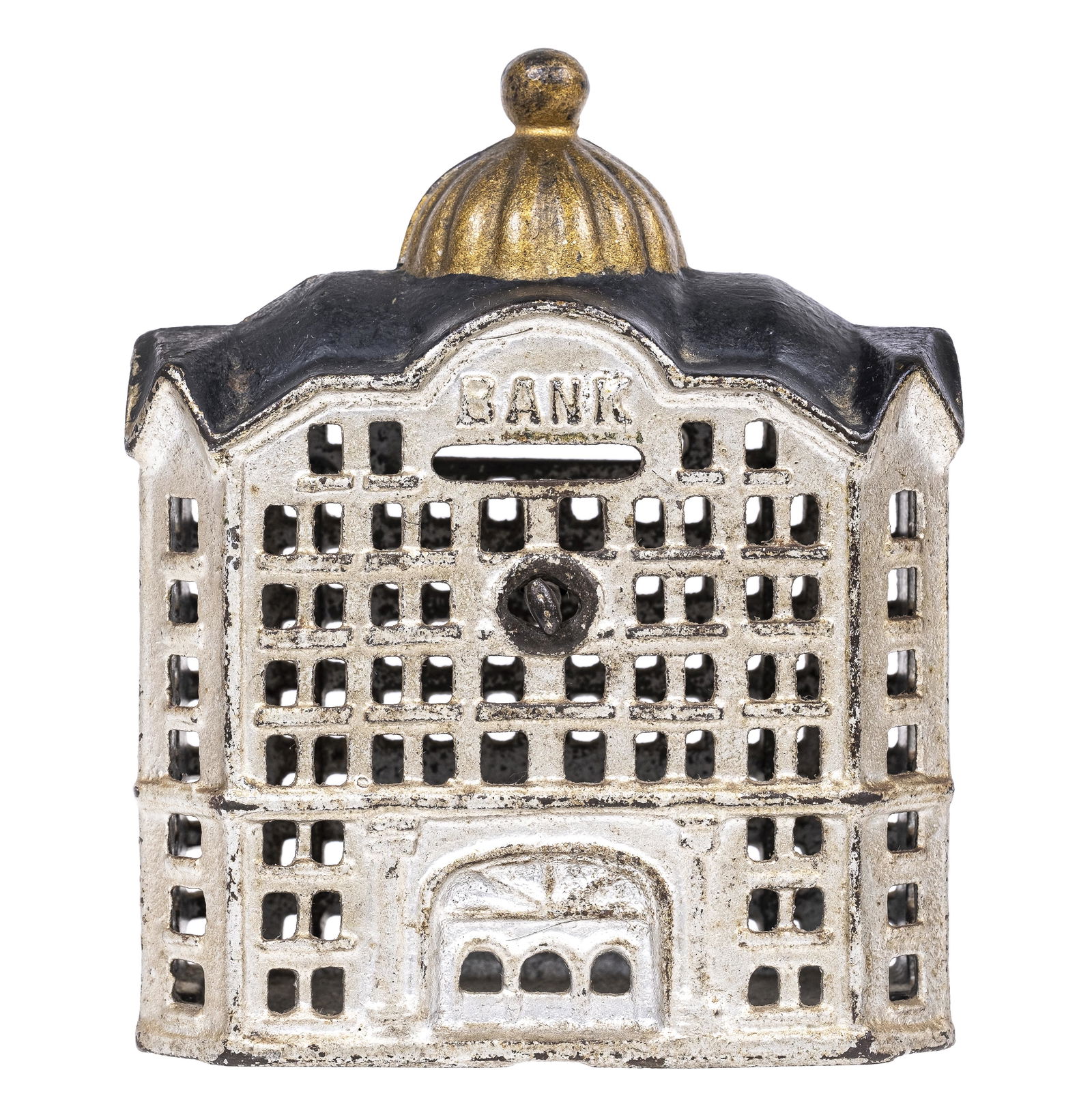 Largest Dome - Cast Iron Bank: Blue Painted Roof. Made by A. C. Williams Company. Ravenna, Oh. - 1910 - 4 3/4" Tall.