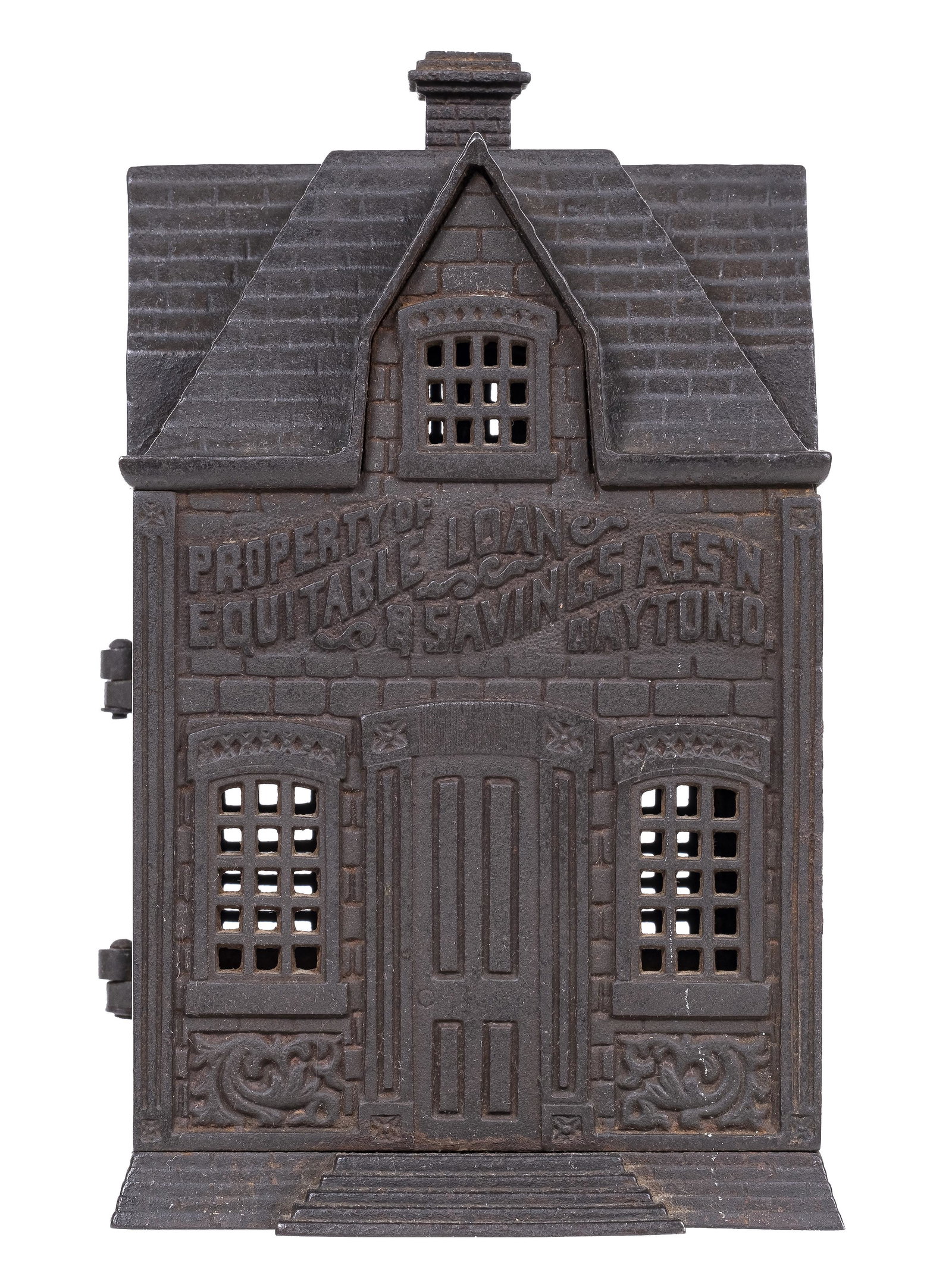 Equitable Savings & Loan - Cast Iron Bank: Scarce Home Deposit Bank for a Financial Institution in Dayton, Ohio. Unknown American Manufacturer. Produced Circa 1900 - 10 1/2" Tall.