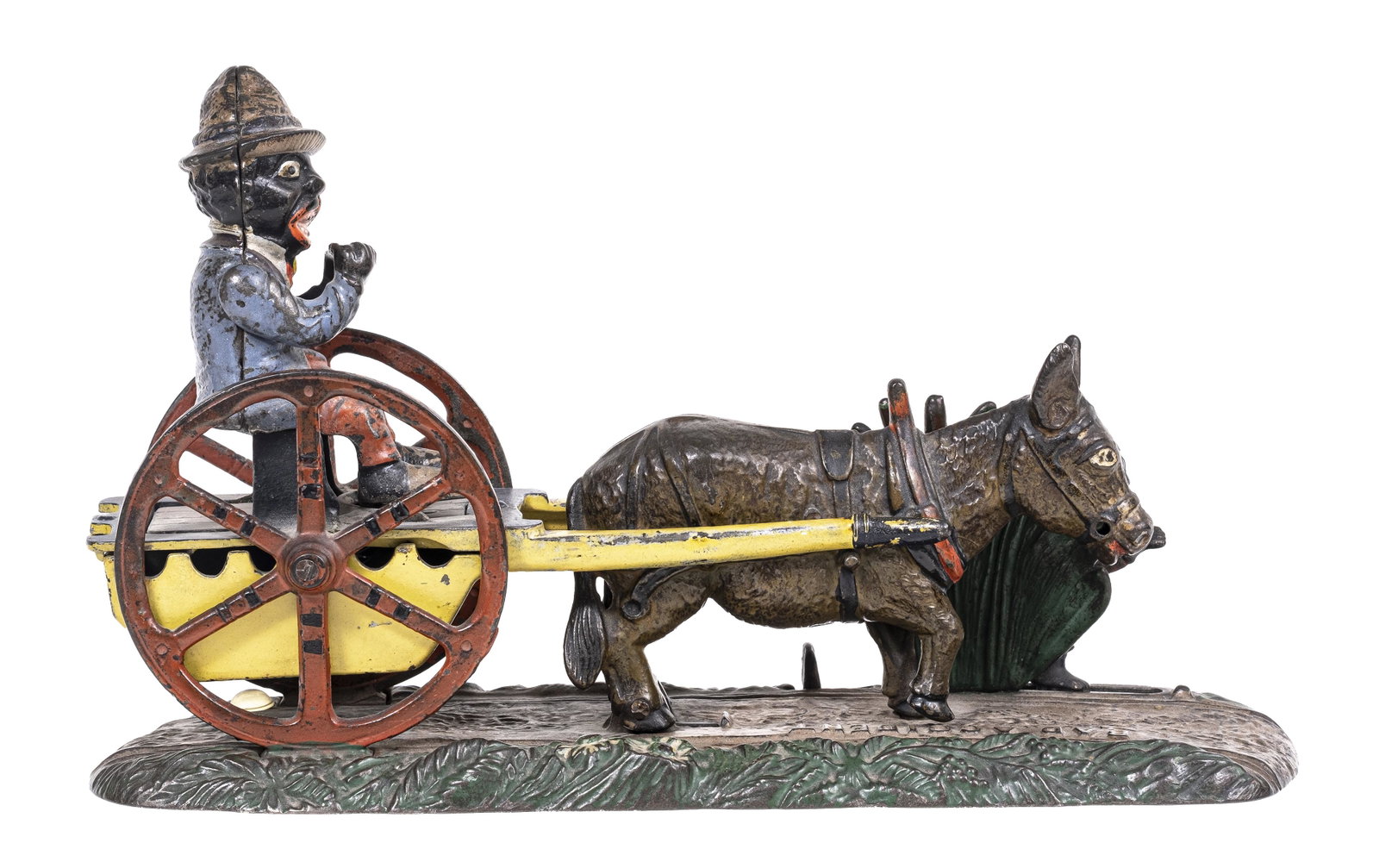 Bad Accident - Cast Iron Mechanical Bank: Made by J. & E. Stevens Company. Cromwell, Connecticut - Circa 1888. A farmer foolishly eats a slice of melon while driving his cart to the market. When a small boy suddenly emerges from behind the fo