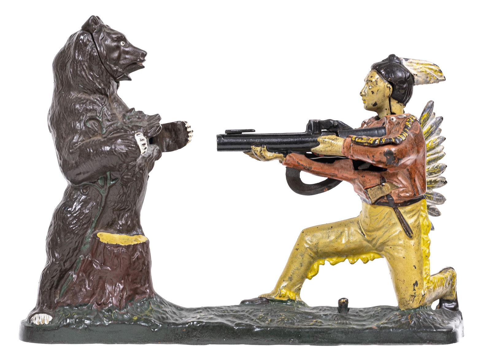 Indian and Bear Very Rare Dark Brown Bear Cast Iron Mechanical Bank