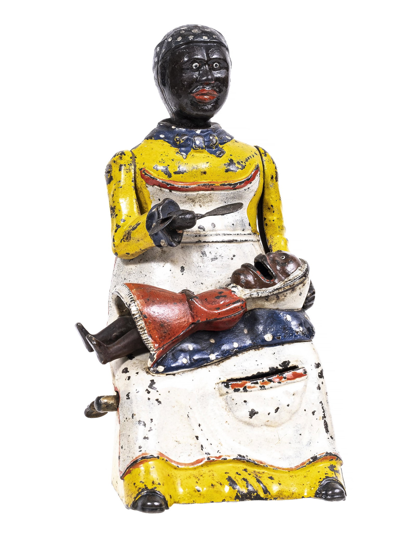 Mammy & Child - Scarce Yellow Dress Color - Cast Iron Mechanical Bank: Made by the Kyser & Rex Company. Frankford, Pennsylvania - Late 1880's. An intimate moment is shared between a mother and her daughter while the infant is being fed. Kyser & Rex produced this toy bank