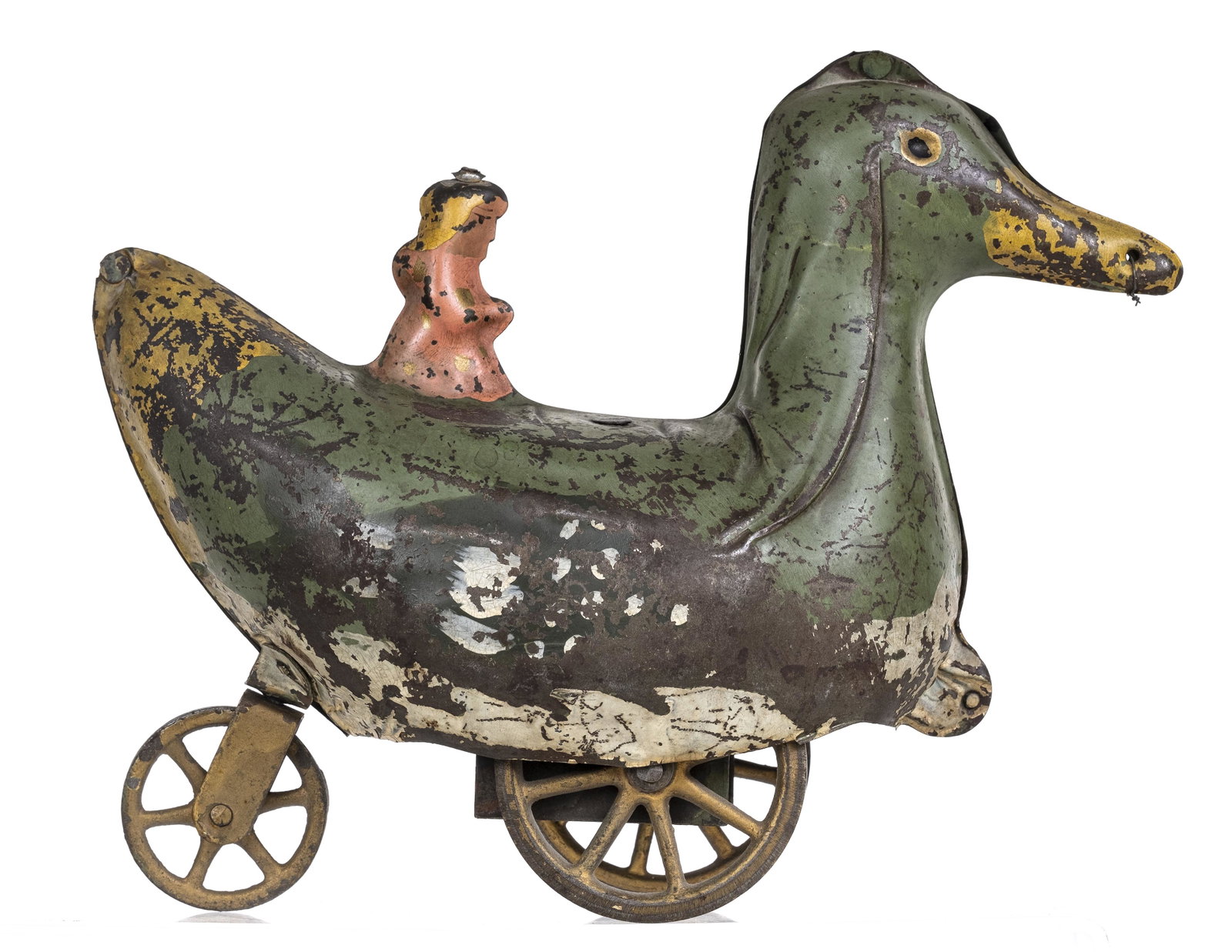 Girl Riding Duck Friction Toy: Scheible Toys. American - 1920 - 9" Long. The Friction works well.