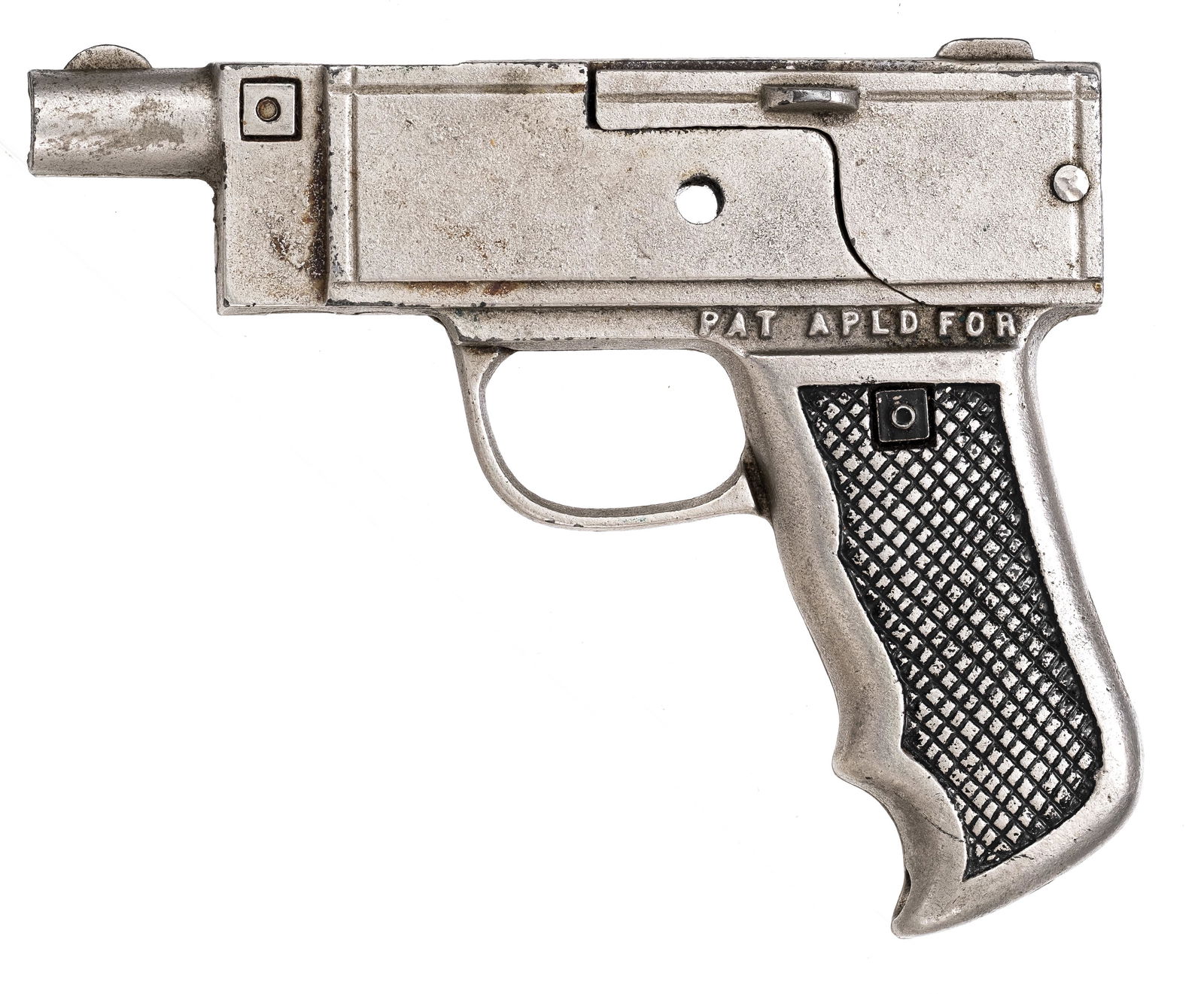 Cast Iron Riot Cap Gun: American - 1930's - 5 1/4" Long. We are not sure if this is a toy, and if so how it works as there is no trigger. We have found no information on the internet so it must be really rare.