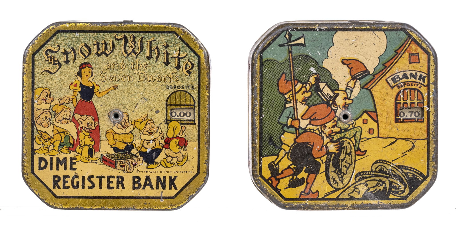 Snow White / Elves Dime Register Banks: American - 1930's to 1940's - 2 1/2" Tall.