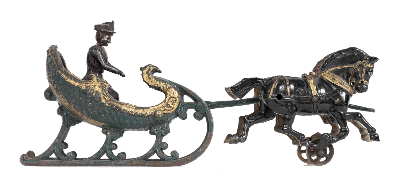 Double Horse Sleigh Iron Toy: Hubley Mfg. Company. Lancaster, PA - 1906 - 14 3/4" Long. The driver is an original, but not to this toy.