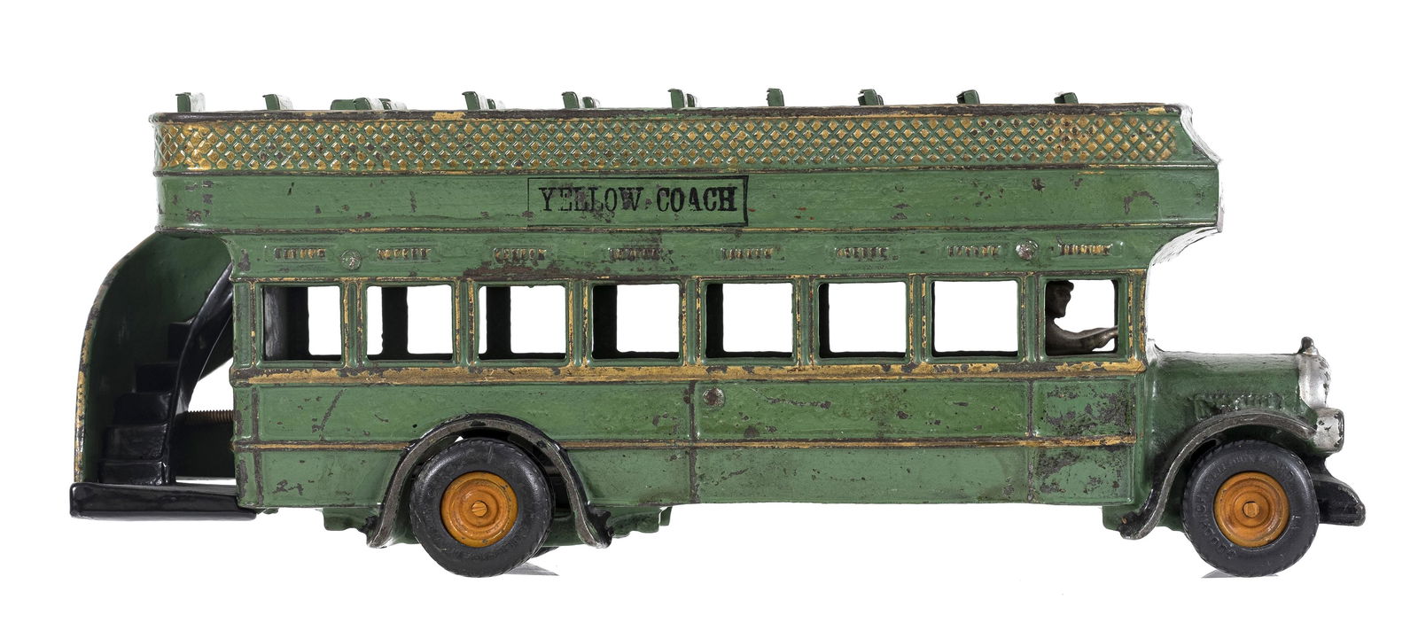 Yellow Coach Double Decker Bus - Cast Iron Toy: Made by the Arcade Manufacturing Company. Freeport, Illinois - Early 1930's - 13 1/4" Long. The Yellow Coach Company produced a double decker bus for urban transport and sightseeing purposes as early