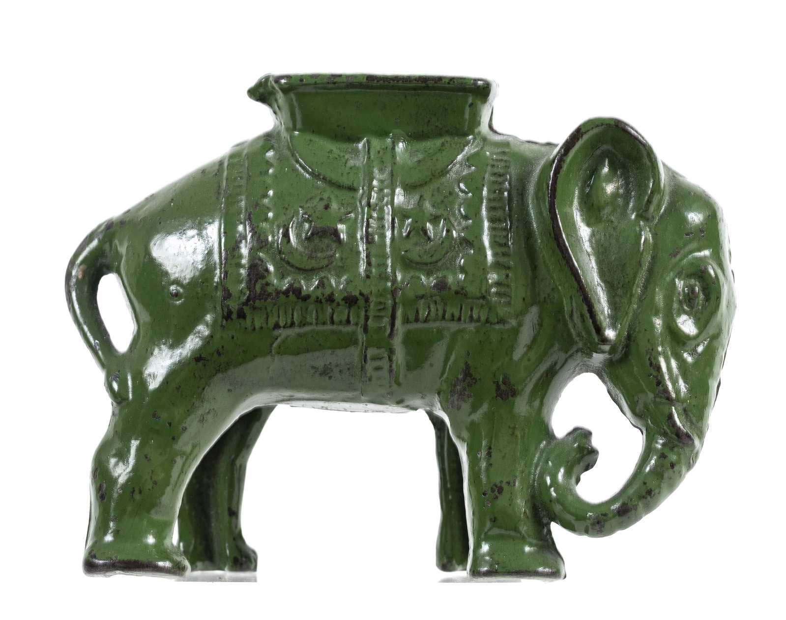 Small Green Elephant with Howdah - Cast Iron Bank: Made by A. C. Williams Company. Ravenna, Ohio - Circa Mid 1920's.