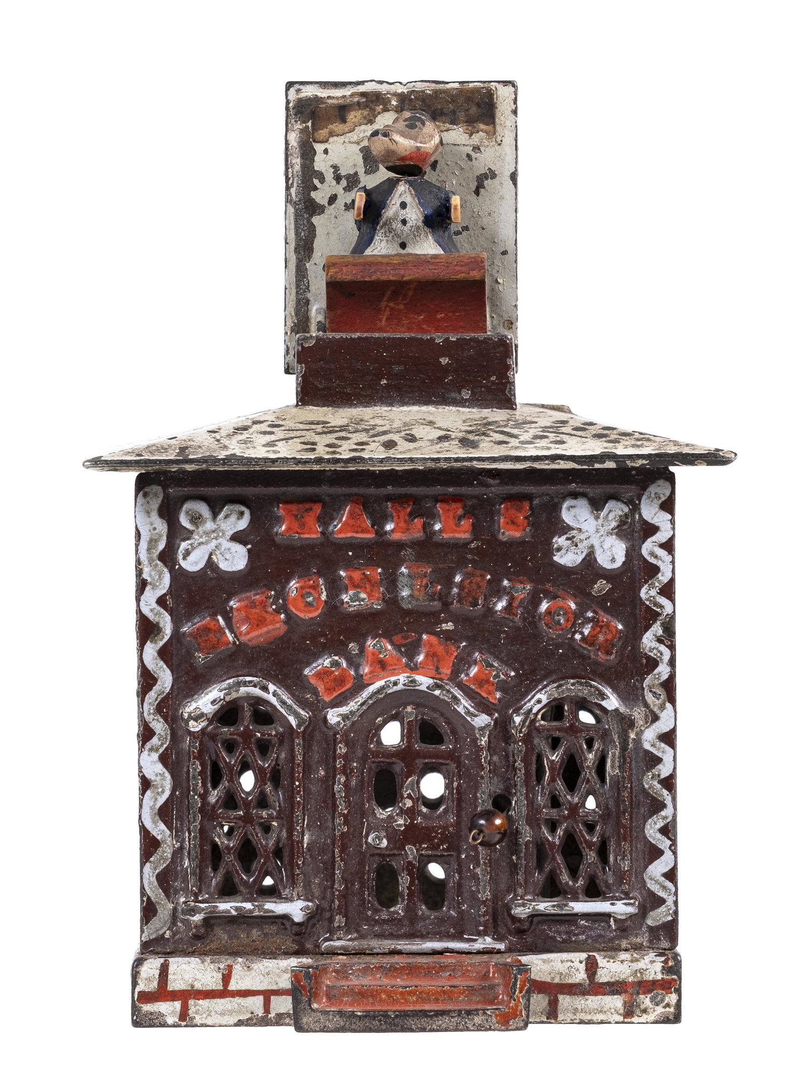 Hall's Excelsior - Cast Iron Mechanical Bank: Burgundy, White and Red Details. Retains an Exceptional Stenciled Roof. Made by J. & E. Stevens Company. Cromwell, Connecticut - Mid 1880's.