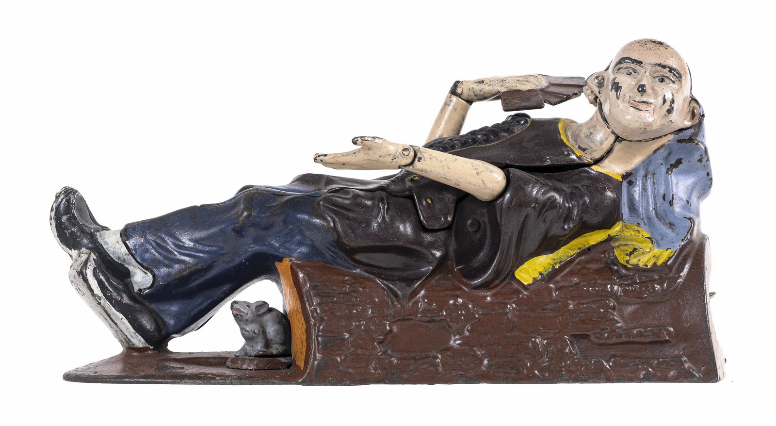 Reclining Chinaman - Cast Iron Mechanical Bank: Designed by James Bowen. Made by J. & E. Stevens Company. Cromwell, Connecticut - Mid 1880's. A recumbent chinaman dressed in the garb of a coolie invites us to play a hand of poker with him. Pennies