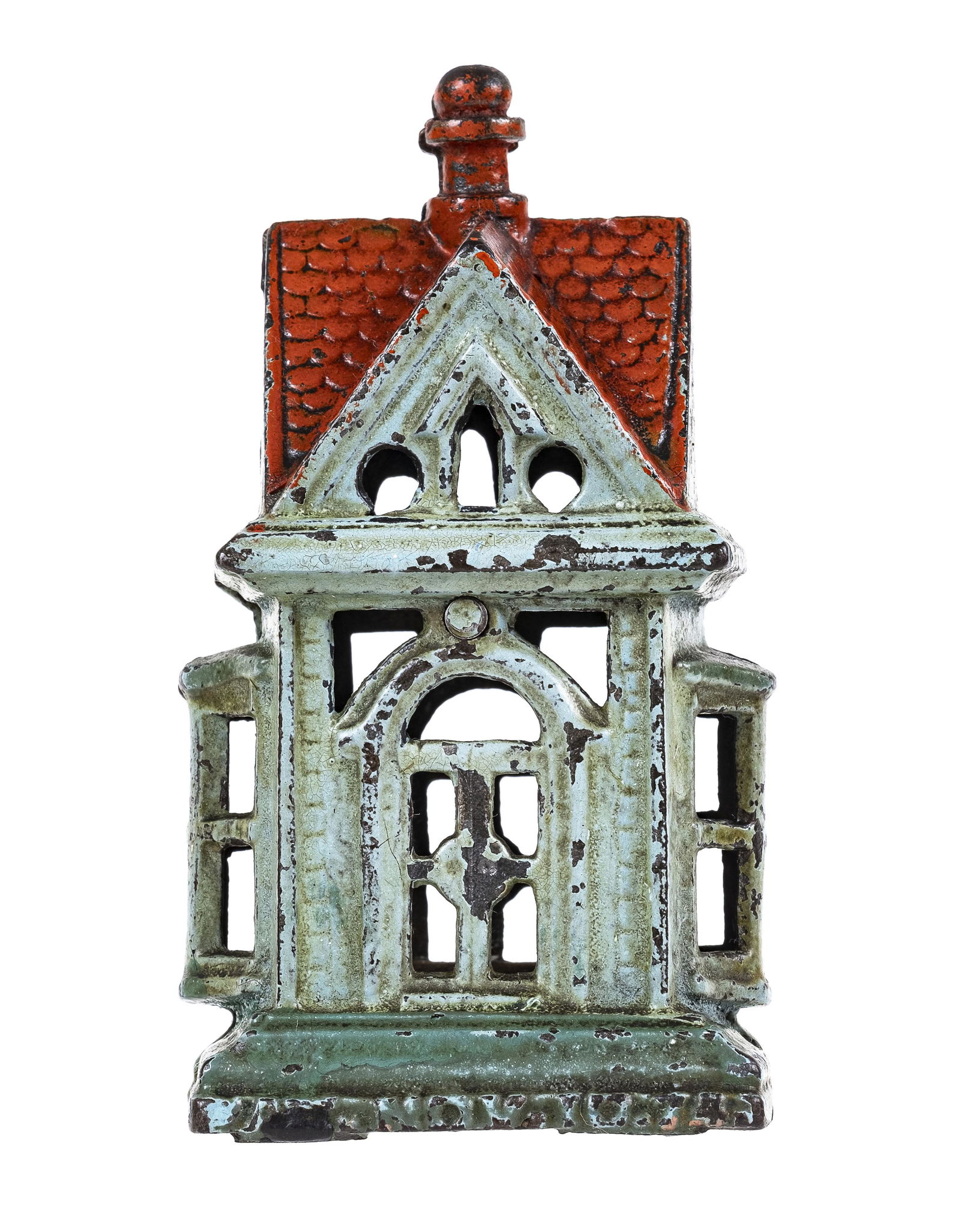 Small House with Bay Windows - Cast Iron Still Bank: Light Green, Dark Green & Red. Unknown American Manufacturer. Made Circa 1870's - 4 1/8" Tall.