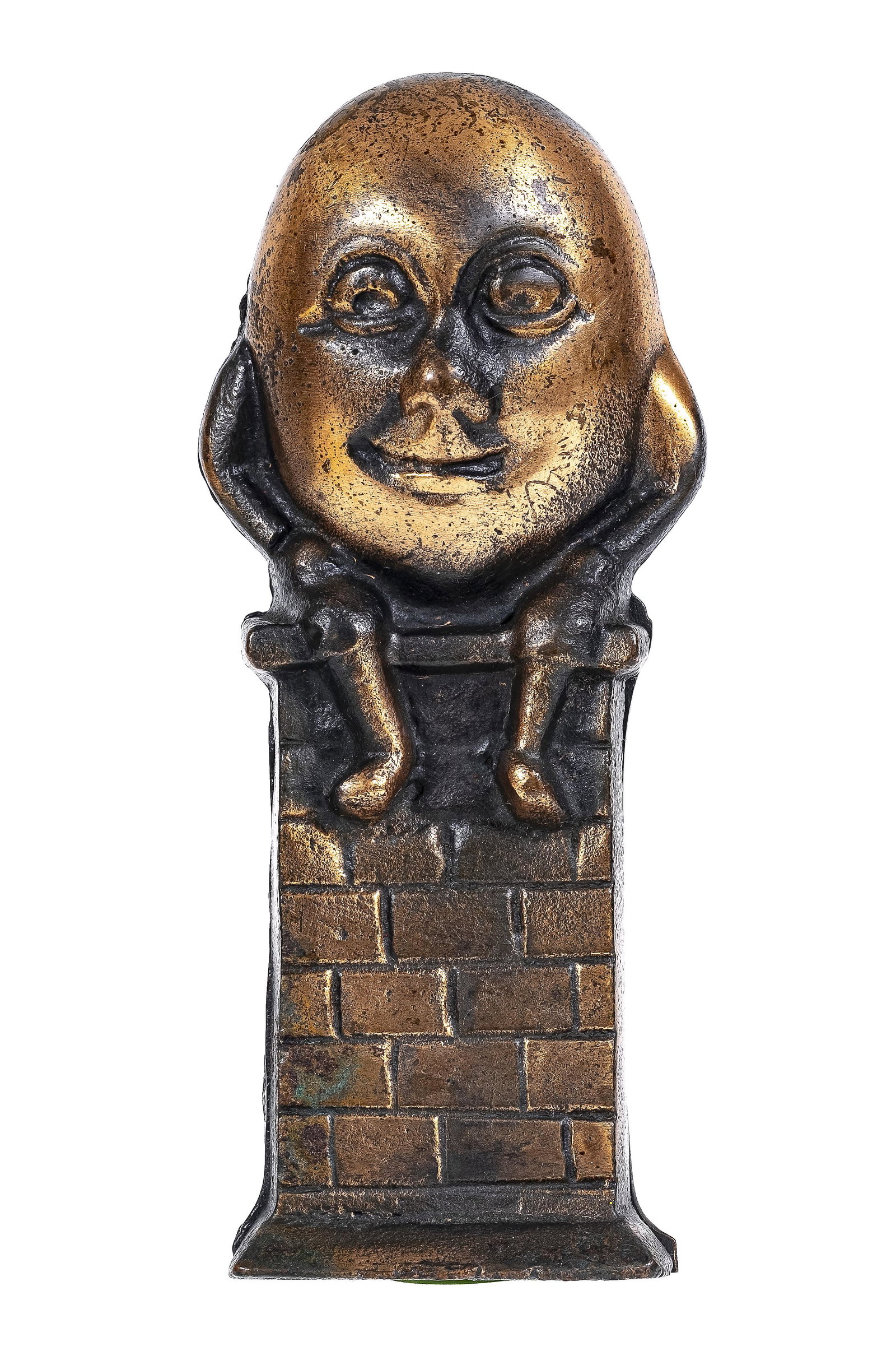 Humpty Dumpty on Wall - Still Bank: Rare Copper Plated Example. Unknown English Manufacturer. Circa Mid 1920's - 6" Tall.