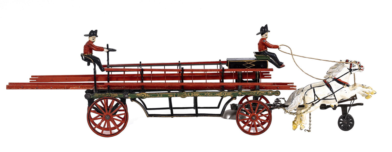 Deluxe Hook and Ladder - Cast Iron Toy: Pratt & Letchworth Company. Buffalo, NY - 1890. The Haradin Family Collection. Complete with both firemen and 4 red wood ladders.