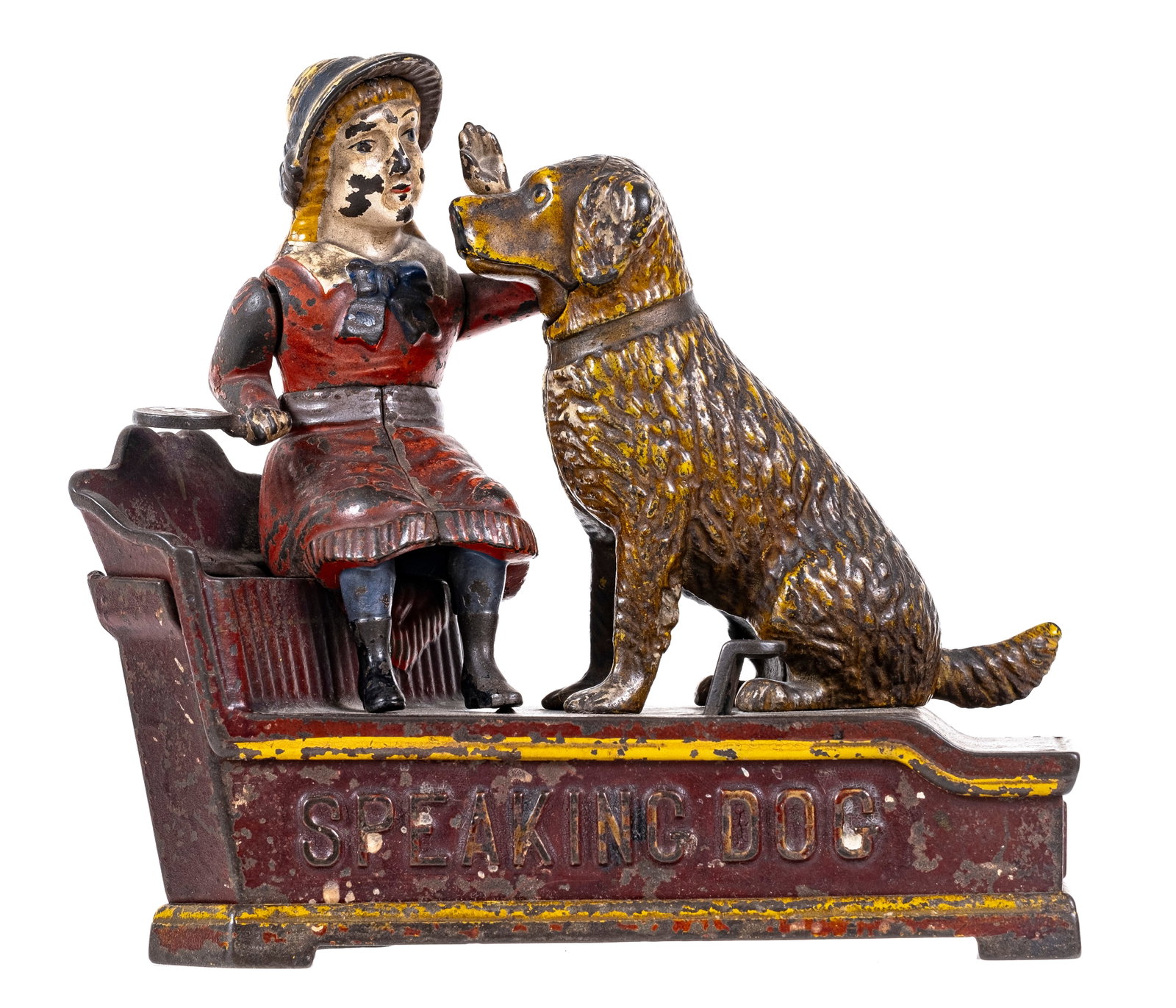 Speaking Dog - Cast Iron Mechanical Bank: Made by Shepard Hardware Company. Buffalo, New York - 1890's. Made of Cast Iron. Place a coin on the girls paddle, press the lever and she will instruct the dog to "speak" while the coin disappears in