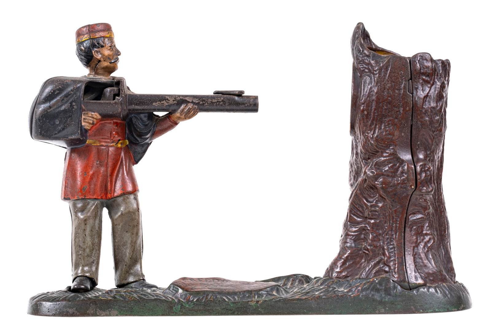 Creedmoor - Cast Iron Mechanical Bank: Made by J. & E. Stevens Company. Cromwell, Connecticut - Circa 1870's. Made of Cast Iron. Cock the gun, he takes his aim, place the coin on the gun. Press his shoe down and he will fire your coin into