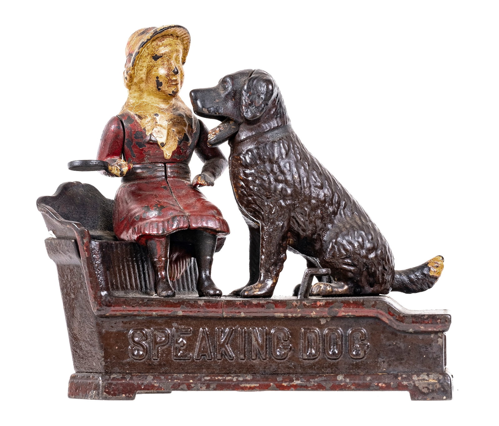 Speaking Dog - Cast Iron Mechanical Bank: Made by Shepard Hardware Company. Buffalo, New York - 1890's. Made of Cast Iron. Place a coin on the girls paddle, press the lever and she will instruct the dog to "speak" while the coin disappears in
