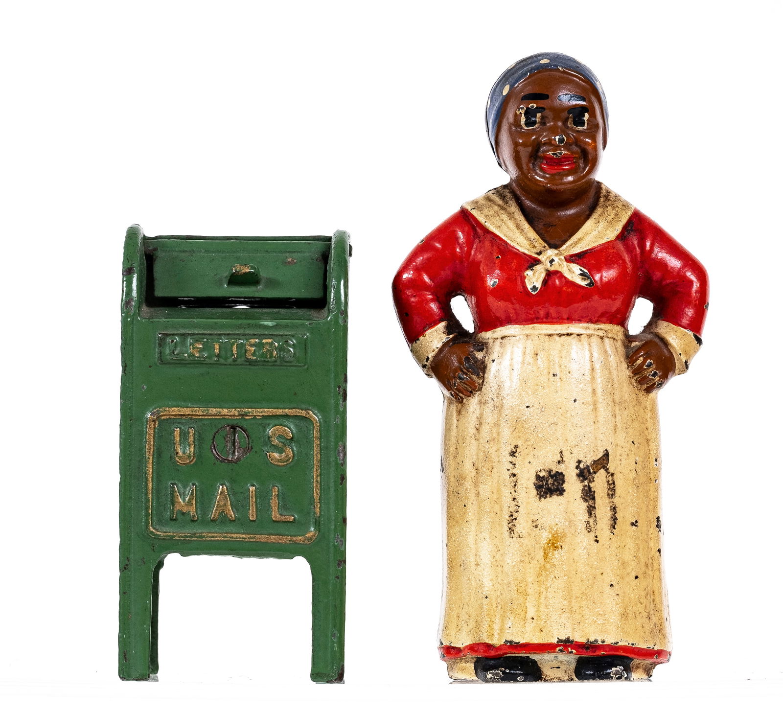 Mammy & U. S. Mail Box - Cast Iron Still Banks: Made by Hubley Mfg. Company. Lancaster, Pennsylvania - Circa 1930's. Made of Cast Iron. 3 3/4" to 5 1/4" Tall.