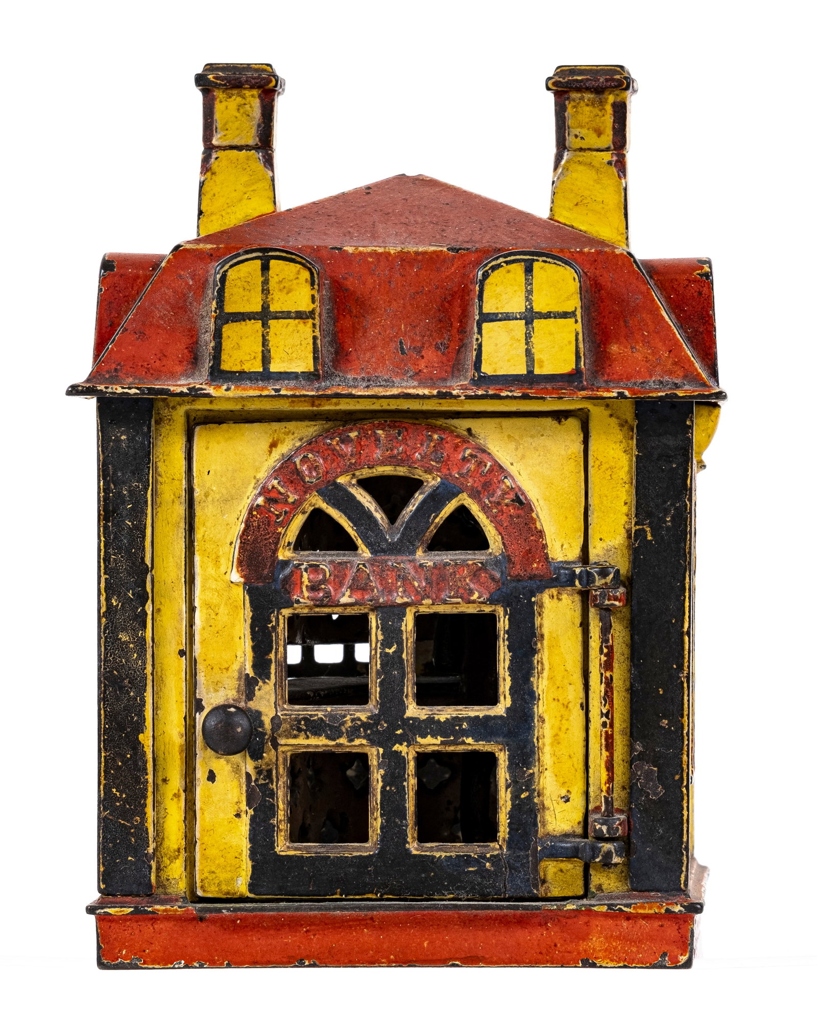 Novelty - Cast Iron Mechanical Bank: Made by the J. & E. Stevens Company. Cromwell, Ct. - Pat.'d Oct. 28, 1873. Made of Cast Iron. 6 3/4" Tall. To operate the Novelty Bank, you must firmly pull the doorknob towards you. The teller will t