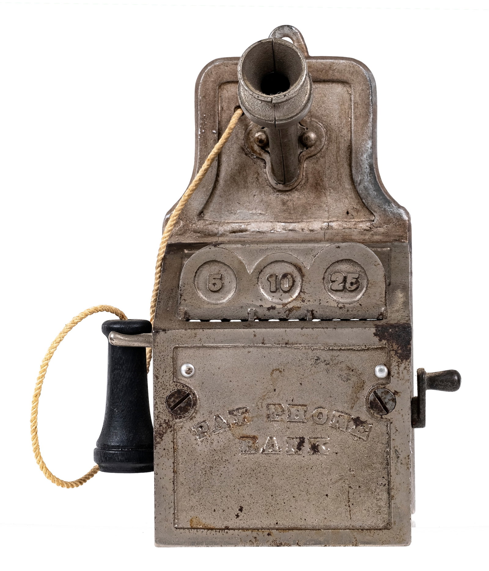 Pay Phone - Cast Iron Bank: Made by J. & E. Stevens Company. Cromwell, Ct. - 1920's. Made of Cast Iron and Tin. The bell chimes.