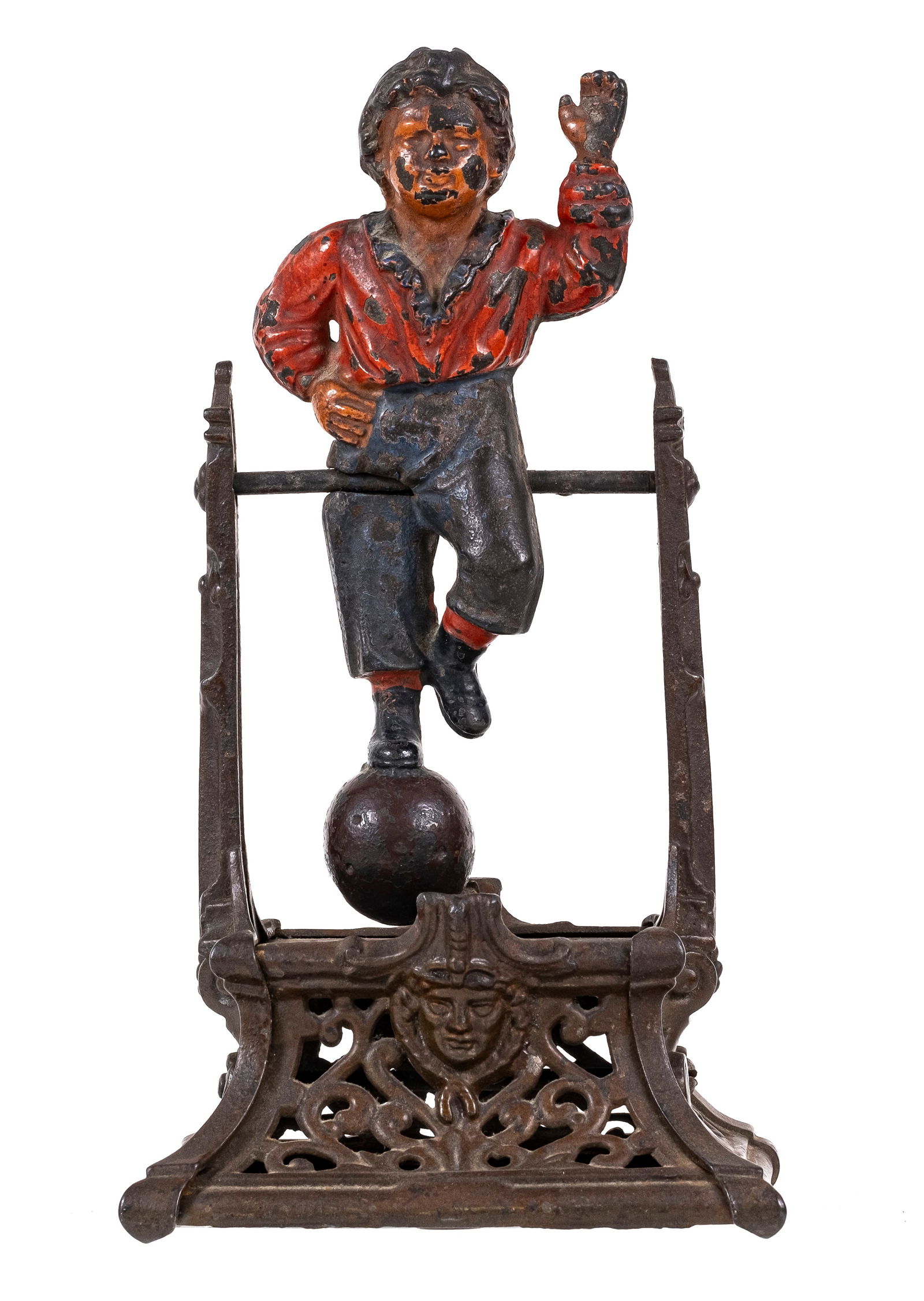 Boy on Trapeze - Cast Iron Mechanical Bank: Made by J. Barton Smith Company. Philadelphia, Pennsylvania - Ca. 1888. Made of Cast Iron. The weight of different sized coins, coupled with the law of gravity, causes the trapeze artist to make varyi