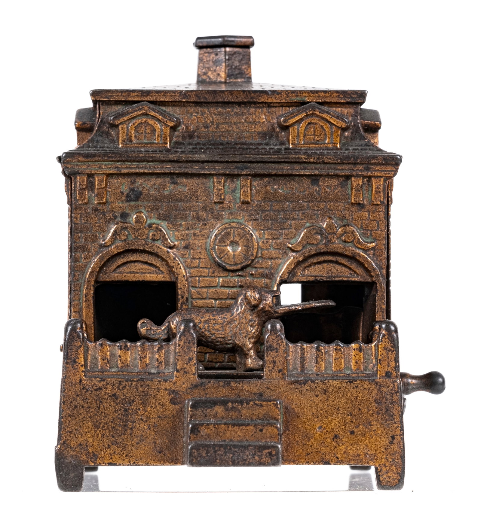 Dog on Turntable - Cast Iron Mechanical Bank: Made by H. L. Judd Mfg. of Wallingford, CT - 1895. Made of Cast Iron. Turn the crank and the dog enters the building and deposits the coin. Works well.