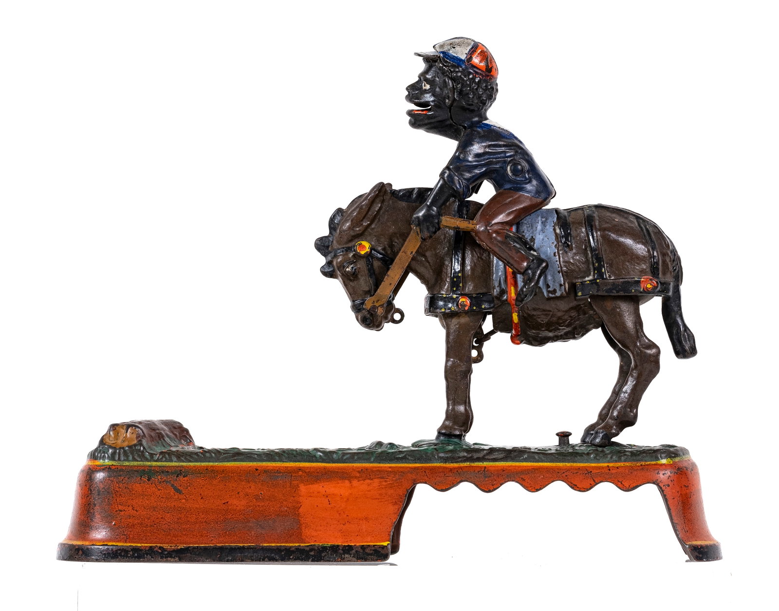 Spise a Mule, Jockey Over - Cast Iron Mechanical Bank: Made by J. & E. Stevens Company. Cromwell, Connecticut - Circa 1890. Made of Cast Iron. Coins placed in the jockey's mouth are deposited through the slot in the log when the bank is operated. Works we