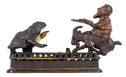 Initiating Bank, Second Degree - Cast Iron Mechanical Bank: a.k.a. Goat, Frog and Old Man Bank. Made by Mechanical Novelty Works. New Britain, Connecticut - Early 1880's. Mechanical Novelty Works produced two different banks based on George Eddy's patent