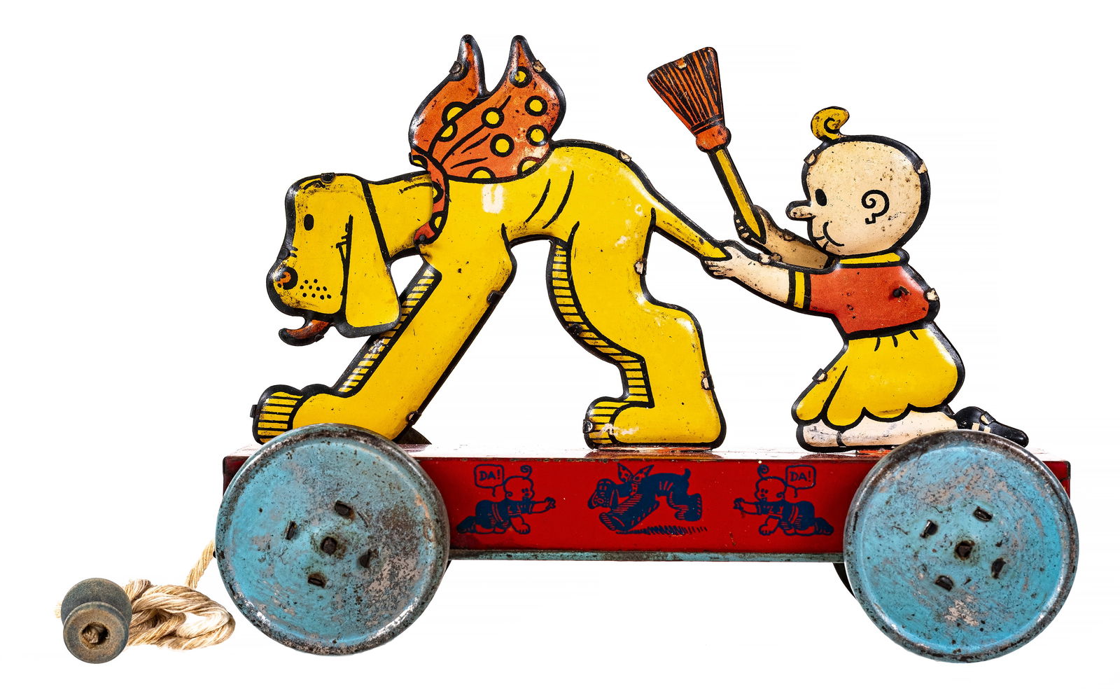 Buttercup with Dog - Tin Articulated Pull Toy: Nifty Toy Company. German - 1920's - 7 3/4" Long.