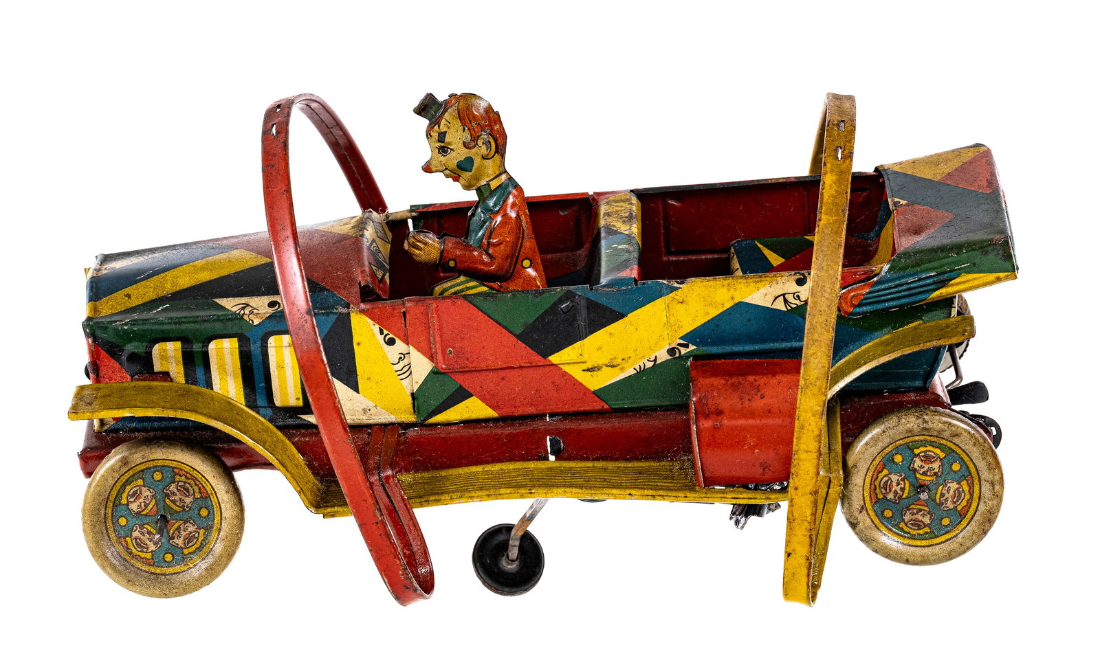 Clown Topsy-Turvy Car - Tin Windup Toy: Hans Eberl. German - 1928 - 10" Long.