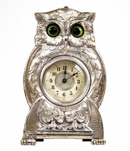 Owl Moving Eye Clock: Art Nouveau Era. German - 1920's - 7" Tall. Made of Silver, Wood & Glass.