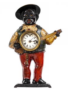 Banjo Player - Cast Iron Blinking Eye Clock: Bradley & Hubbard. Connecticut - 1880 - 16" Tall.