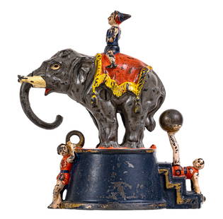 Elephant and Three Clowns - Cast Iron Mechanical Bank: Made by J. & E. Stevens Company. Cromwell, Ct. - Circa Mid 1890's.