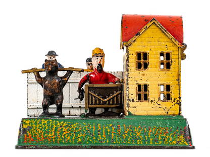 Organ Grinder and Performing Bear - Cast Iron Mechanical Bank: Made by Kyser and Rex Company. Philadelphia, Pa. - Circa Late 1880's. Bigoted sentiment against southerners informs the visual imagery portrayed in the Organ Grinder bank. A plantation owner with grea
