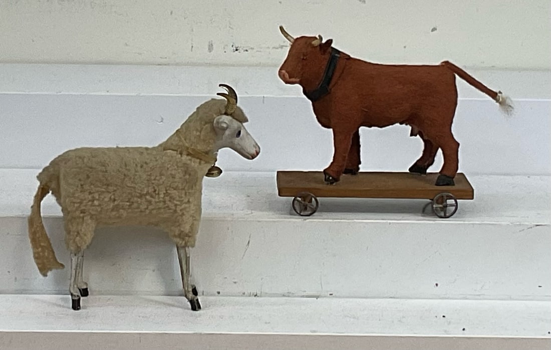 Sheep/ Cow on Platform: German 1920s - each 5 1/2" Long