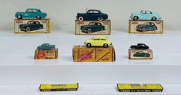 Six Plastic Cars in Boxes: By Norev, French 1960s - 2 1/2" - 4" Long