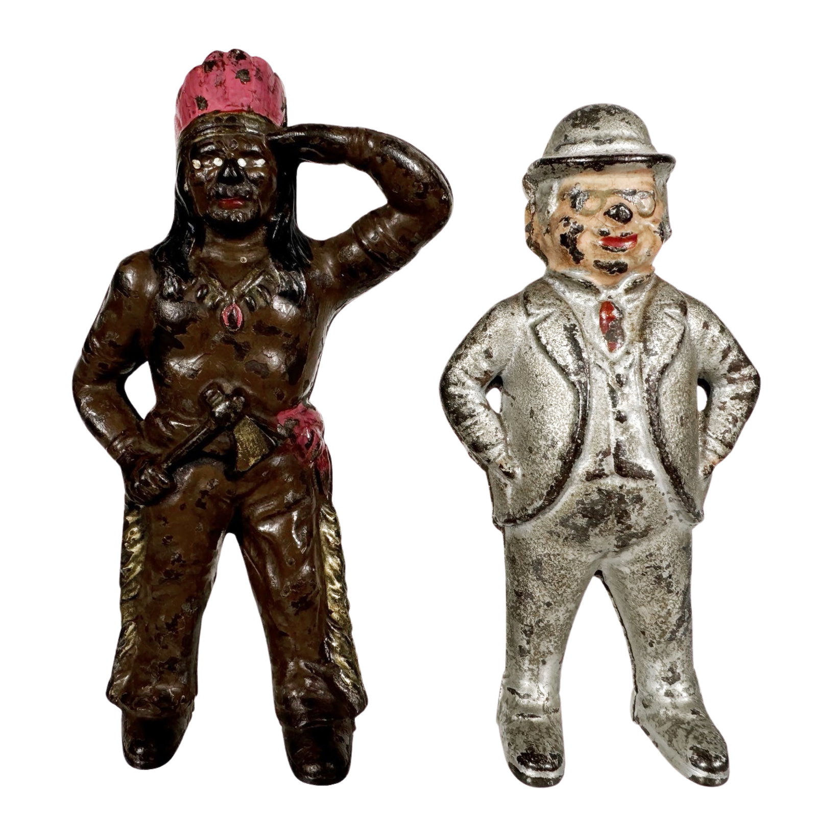 Foxy Grandpa / Native American Iron Banks: Hubley Mfg. Company. Lancaster, Pennsylvania - 1910's. 5 1/2" to 6" Tall.