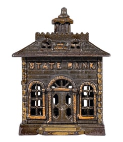 Japanned State Bank with Straight Letters & Solid Door