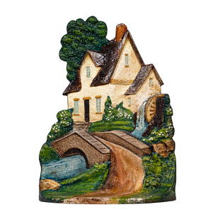 Cottage with Watermill - Cast Iron Droostp: Made by A. M. Greenblatt Company. Boston, Ma. - Circa 1936 - 10" Tall.