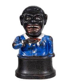 Cast Iron Jolly Man Bank On an Elegant Black Base