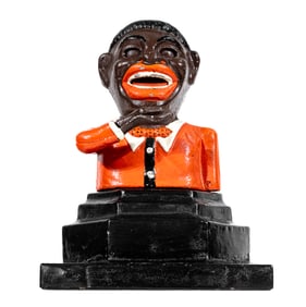 Aluminum Jolly Man Bank on a Complex Tiered Base