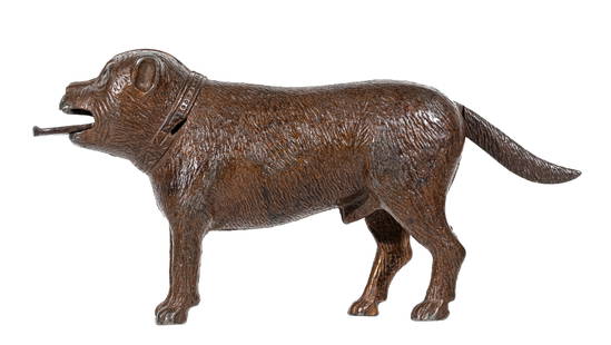 Standing Bull Dog Bank: Reddish Brown Japanned Finish. Made by H. L. Judd Mfg. Company. Wallingford, Ct. - Circa Mid 1880's.