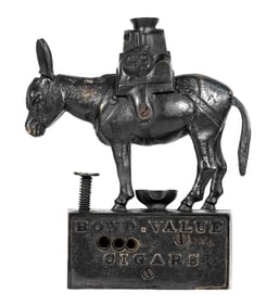 Patinated Brass Countertop Cigar Cutter Advertising Novelty for Bond Value Cigars