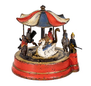 Merry-Go-Round with Patriotic Colored Canopy - Cast Iron Mechanical Bank