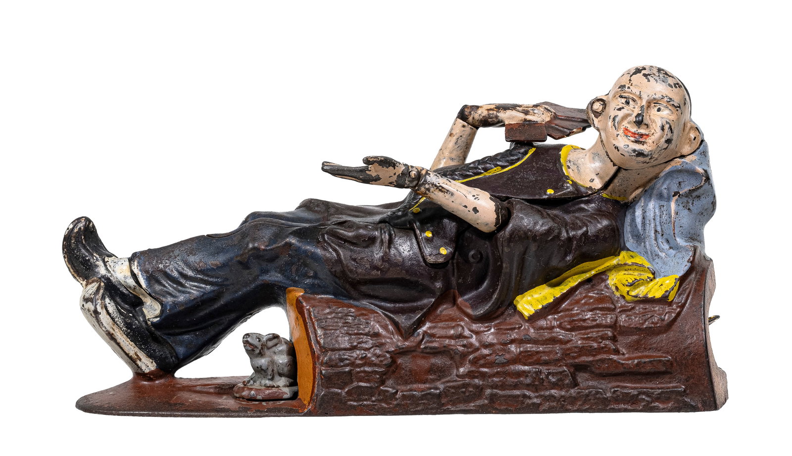 Reclining Chinaman - Cast Iron Mechanical Bank: Made by the J. & E. Stevens Company. Cromwell, Connecticut - Circa 1880's. A Chinese man dressed as a coolie reclines on some pillows and invites us to play a hand of poker with him. With his right ha