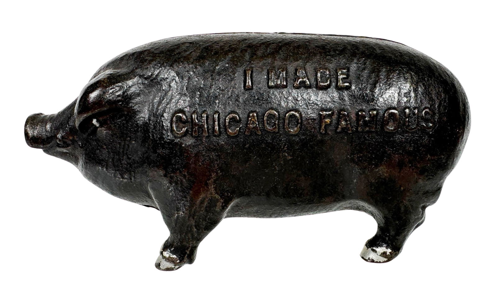 "I Made Chicago Famous" - Large - Cast Iron Bank: J. M. Harper Co. Chicago, Illinois - 1902. 5 3/8" Long.
