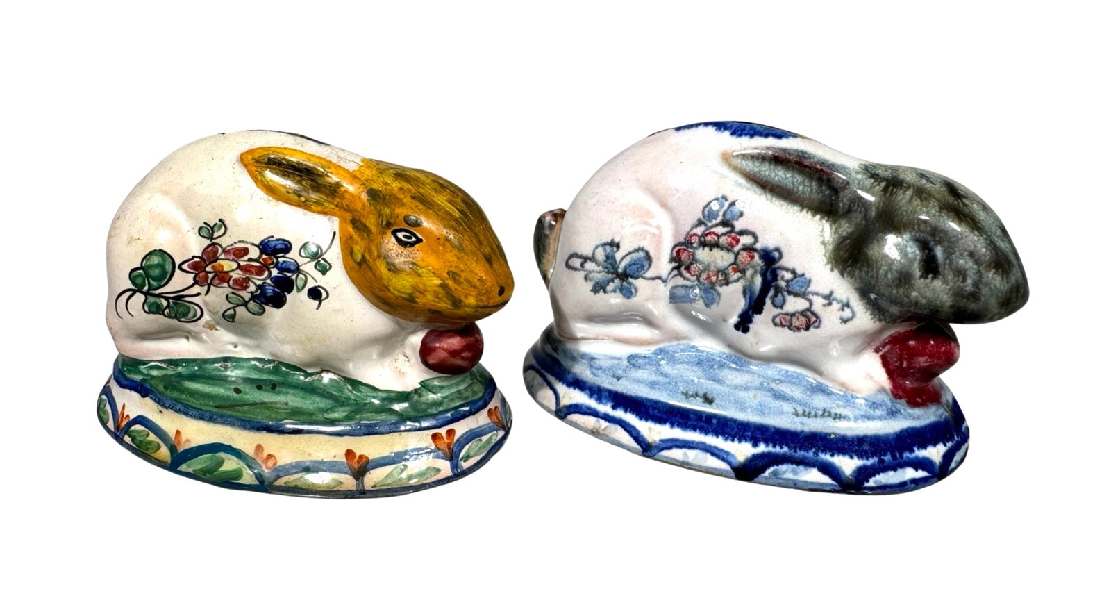 Two Rabbit Banks: Malcombe, France - 1920 - 4" Long. Quimper Pottery.