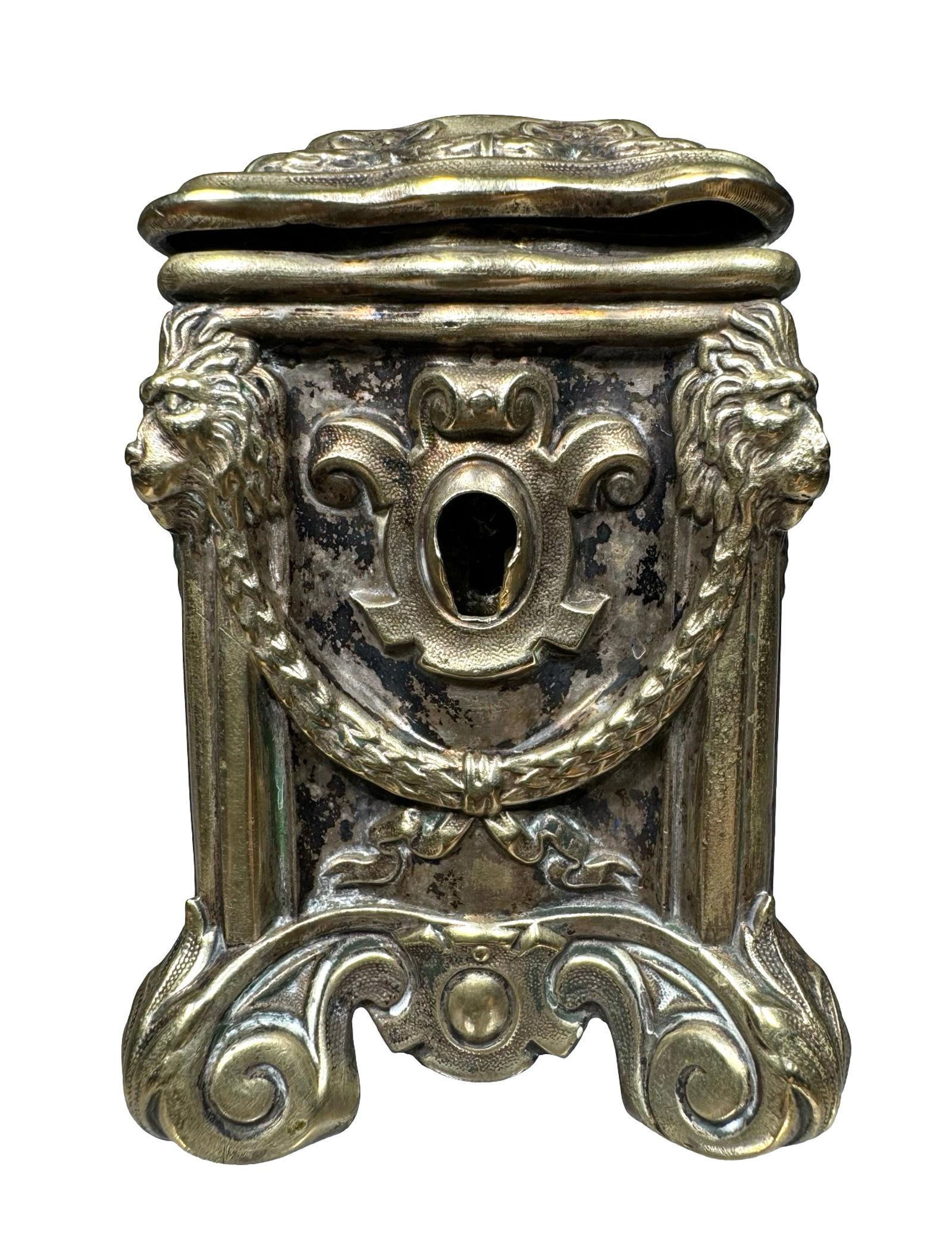 Lions Head Money Box (KLT): German - 1910 - 3 3/4" Tall. Silver Plated.