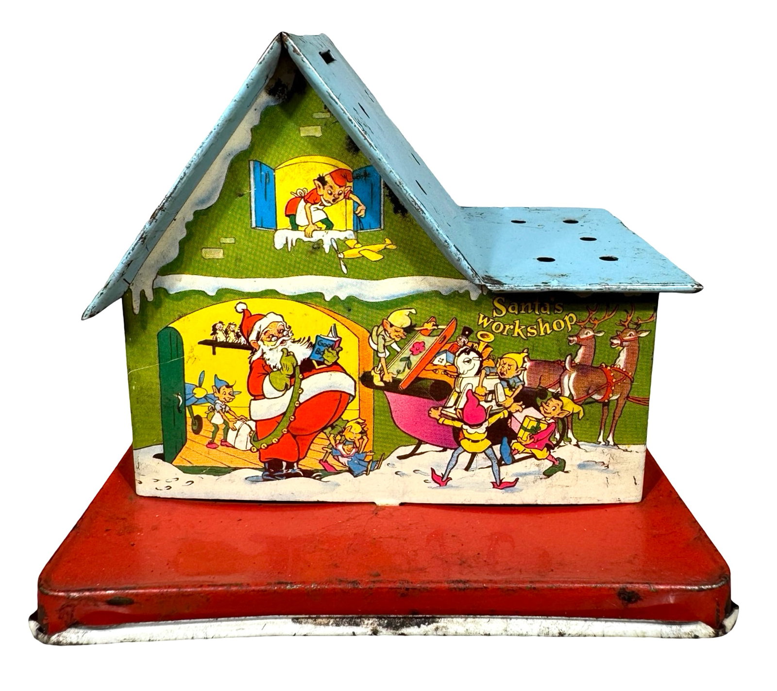 Rare Santa's Workshop Lollipop Bank: U. S. Metal Toy Company. American - 1930's - 5" Wide. This is one of the hardest Lollipop banks to obtain. It is a superior example.