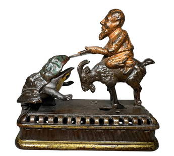 Goat, Frog & Old Man - Iron Mechanical Bank: a.k.a. The Initiating Bank 2nd Degree. Mechanical Novelty Works. New Britain, Connecticut - 1880's.