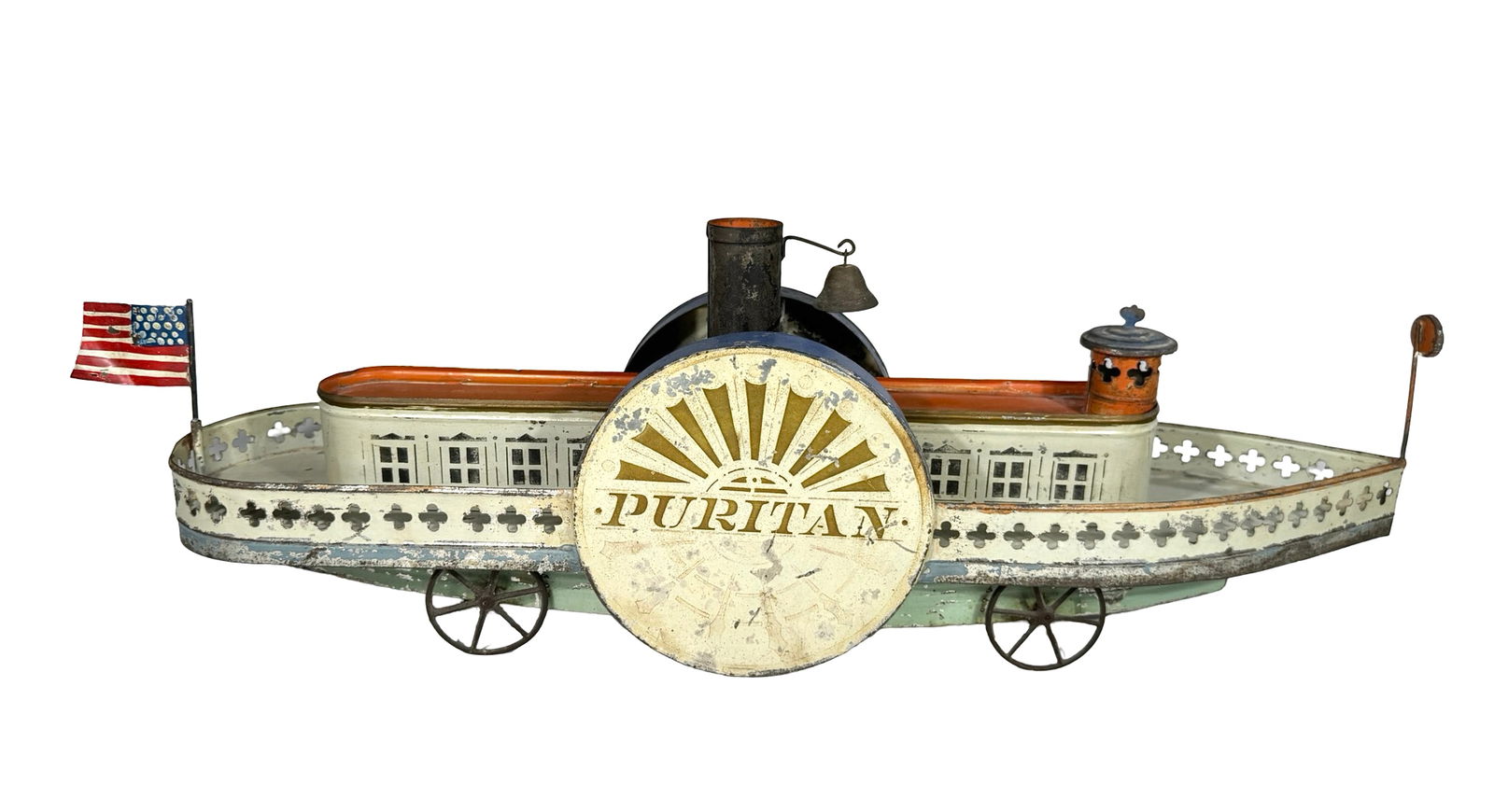 "PURITAN" Paddlewheel Steamboat: Made by Althof-Bergmann Company. New York City, NY - Ca. 1875 - 21" Long. From the collection of Bill Holland. In 1807, engineer Robert Fulton's steamboat, the "Clermont", made the first commercially