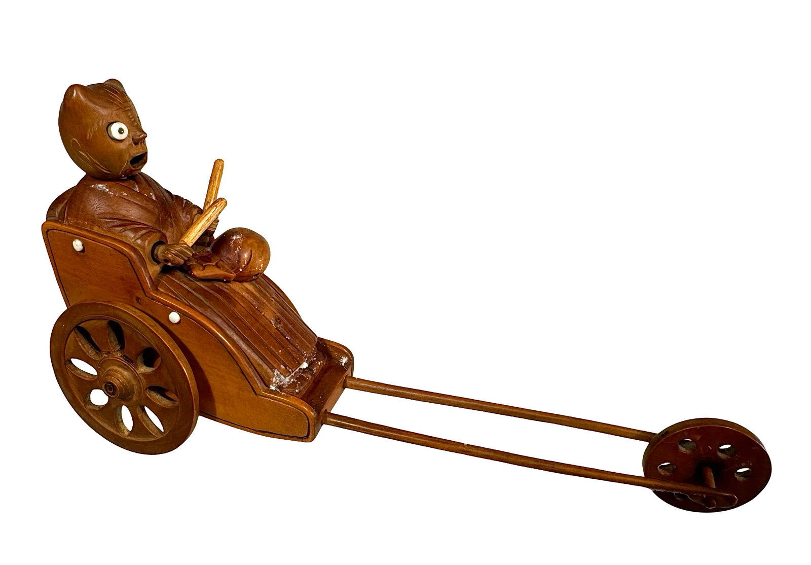 Seated Musician in Elongated Rickshaw - A Very Scarce and Desirable Kobe Toy: Made in Japan - Light Wood - Circa 1910's.